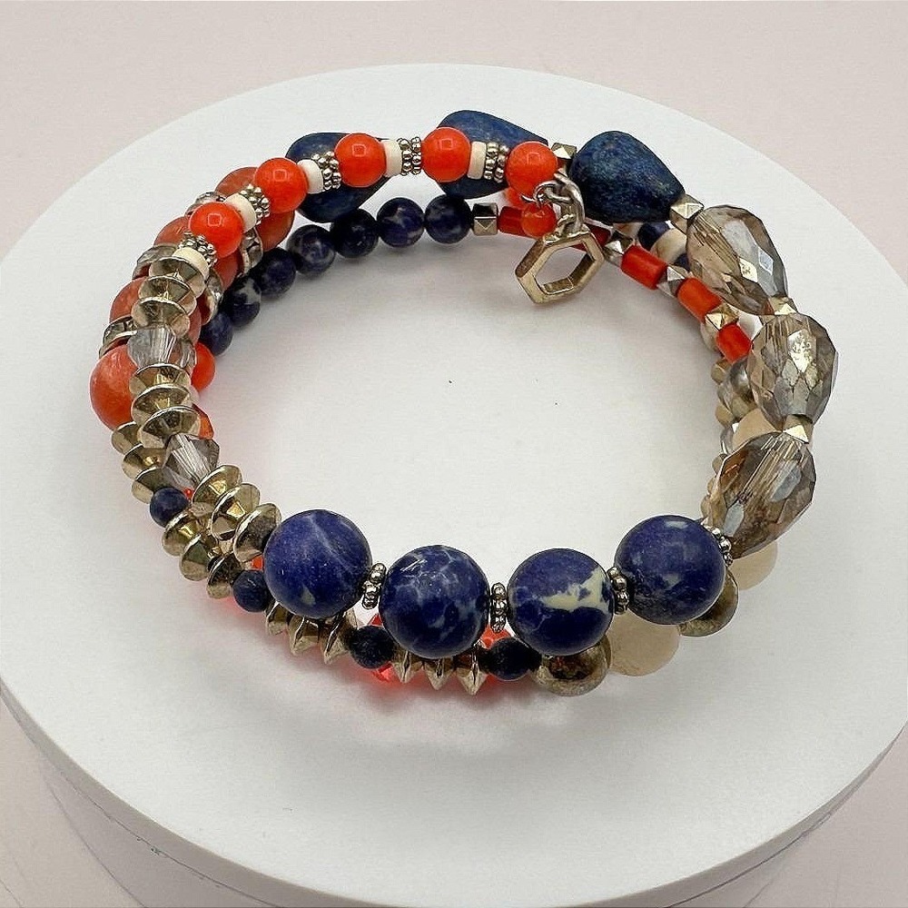 Vintage 90s Boho Stranded Sodalite Orange Bead Memory Wire Wrap Bracelet Jewelry